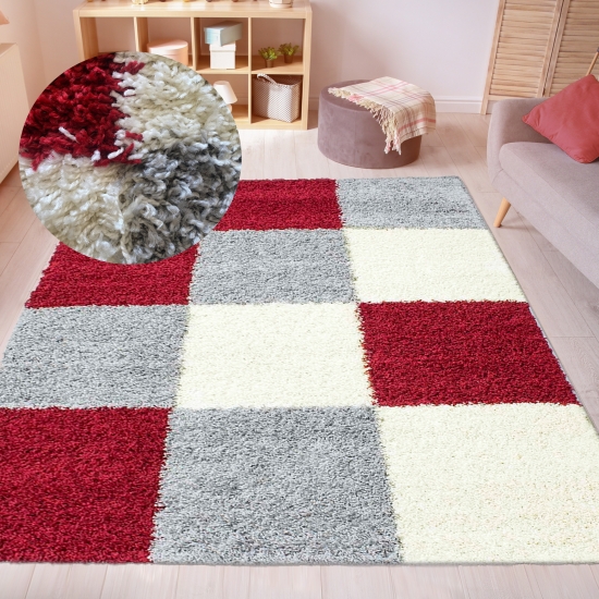 Shaggy Teppich Hochflor Langflor Bettvorleger Wohnzimmer Teppich Läufer Karo rot grau creme