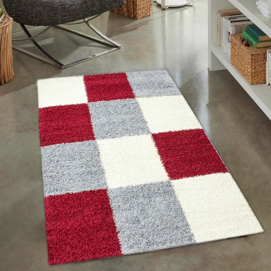 Hochflor Shaggy Teppich Karomuster rott grau creme