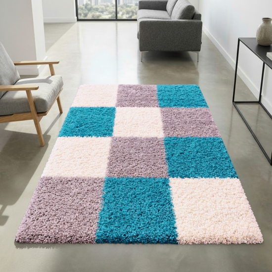 Preview: Shaggy Teppich Mehrfarbig Türkis Grau Creme – moderner Hochflor Teppich mit Karomuster