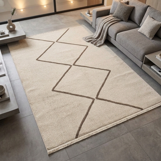 Moderner Kurzflor Teppich Creme Braun mit grafischem Rautendesign