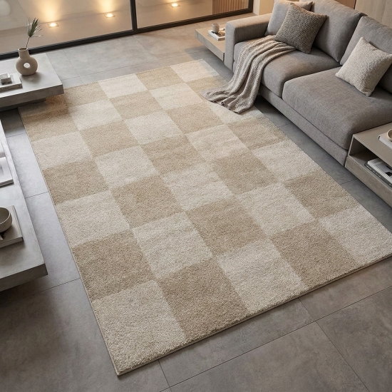Moderner Kurzflor Teppich Beige mit grafischem Ton-in-Ton-Karomuster