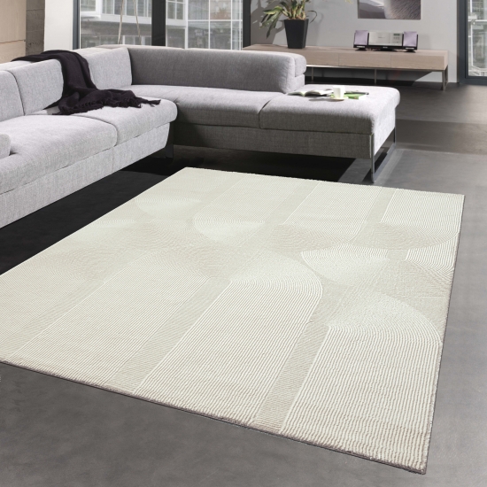 Moderner Recycling-Teppich • ovale Linienformen • in creme