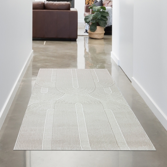 Wohnzimmerteppich Schlafzimmerteppich Recycle mit modernen ovalen Formen liniert in beige