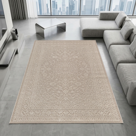 Recycling Teppich Taupe Ornament Stil modern Wohnbereich
