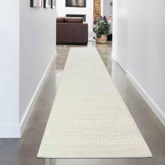 Preview: Eleganter recycel Teppich mit Ornamentmuster stilvolle Hoch-Tief-Struktur pflegeleicht Creme Preview: Eleganter recycel Teppich mit Ornamentmuster stilvolle Hoch-Tief-Struktur pflegeleicht Creme