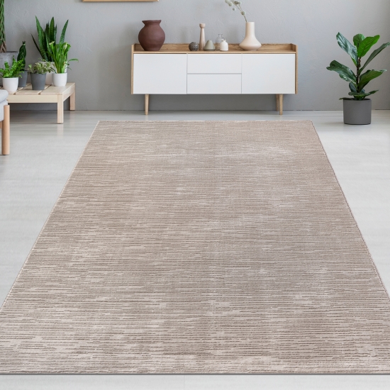 Preview: Stilvoller Teppich mit feiner Struktur und modernem Liniendesign in Beige Preview: Stilvoller Teppich mit feiner Struktur und modernem Liniendesign in Beige