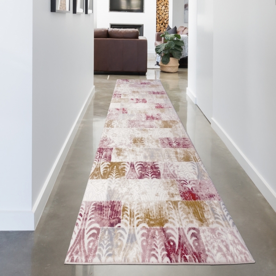 Läufer Teppich - Modernes Design in Rot Creme Bunt Karo-Muster