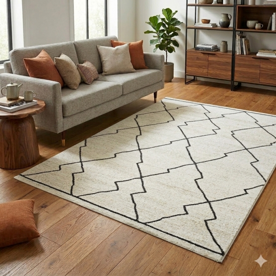 Design Teppich Creme Grau Rauten modern elegant Wohnbereich stilvoll