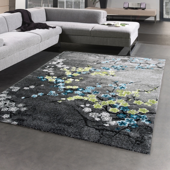 Designer Teppich Kurzflor Wohnzimmerteppich Blumen grau türkis blau