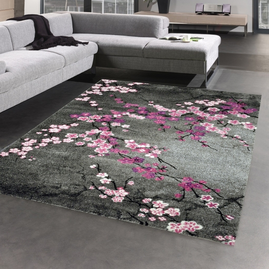 DESIGNER TEPPICH KURZFLOR BLUMEN GRAU PINK ROSA