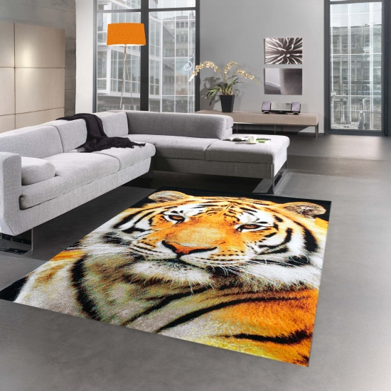 Designteppich Tiger Motiv Orange Creme mit grafischer Eleganz