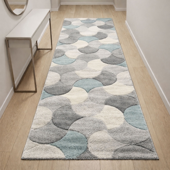 Preview: Designer Teppichläufer Grau Türkis mit Konturenschnitt