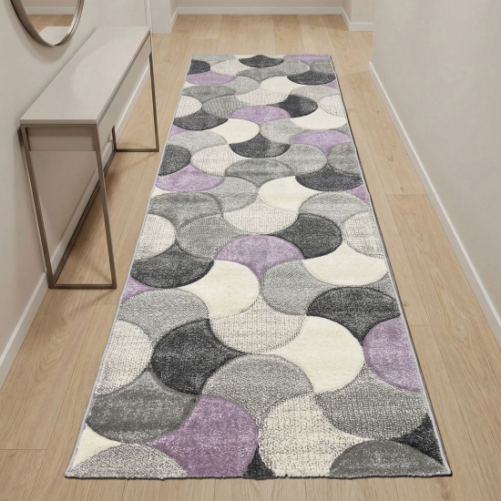 Designer Teppichläufer grau lila creme mit Konturstruktur