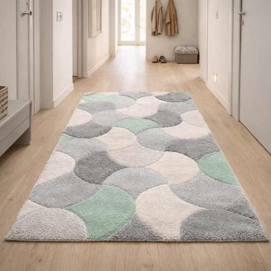 Designer Teppichläufer grau mint creme mit Strukturdesign