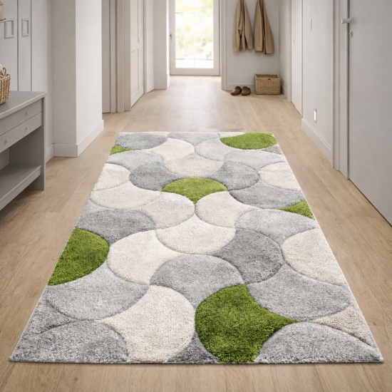 Designer Teppich grau grün creme mit modernem Kreisdesign