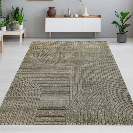 Designteppich grün mit Relieflinien modern pflegeleicht strukturiert