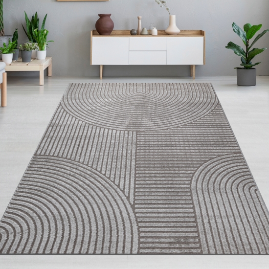 Designteppich grau mit Relieflinien modern & pflegeleicht