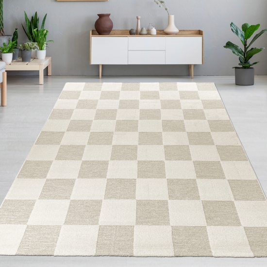 Wohnzimmerteppich im Karomuster flauschig robust in Creme Beige