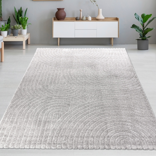 Design-Teppich mit minimalistischem Bogenmuster in stilvollem Grau