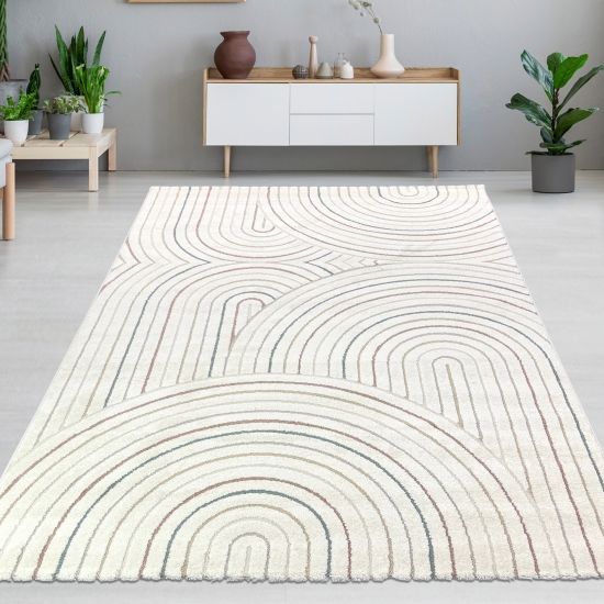 Teppich im stilvollen Bogenmuster in Beige mit bunten Streifen