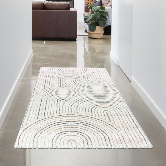 Preview: Teppich im stilvollen Bogenmuster in Beige mit bunten Streifen Preview: Teppich im stilvollen Bogenmuster in Beige mit bunten Streifen