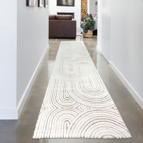 Preview: Teppich im stilvollen Bogenmuster in Beige mit bunten Streifen Preview: Teppich im stilvollen Bogenmuster in Beige mit bunten Streifen