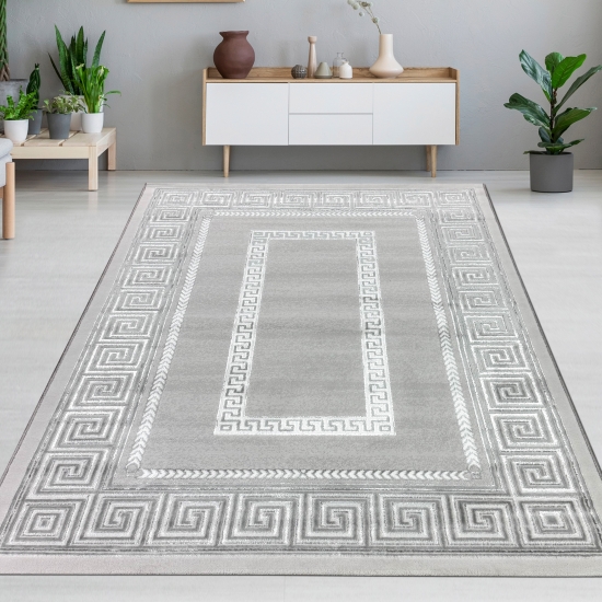 Teppich modern grau silber Bordüre Muster strapazierfähig elegant