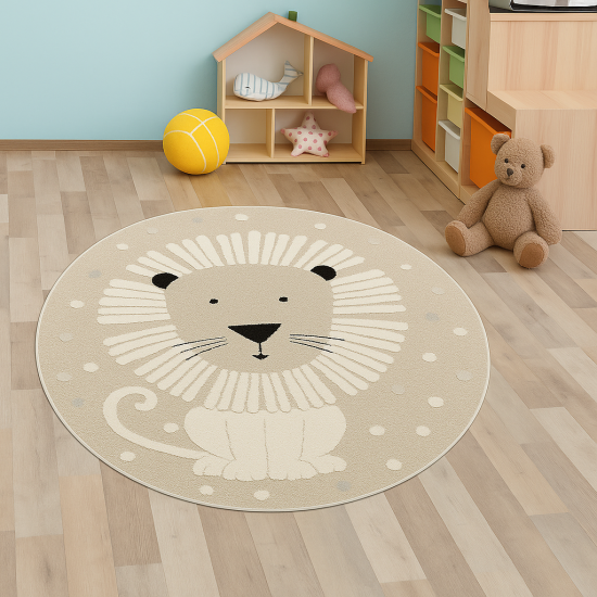 Preview: Kinderzimmer Spielezimmer Teppich 3d-Effekt Löwenmuster Beige