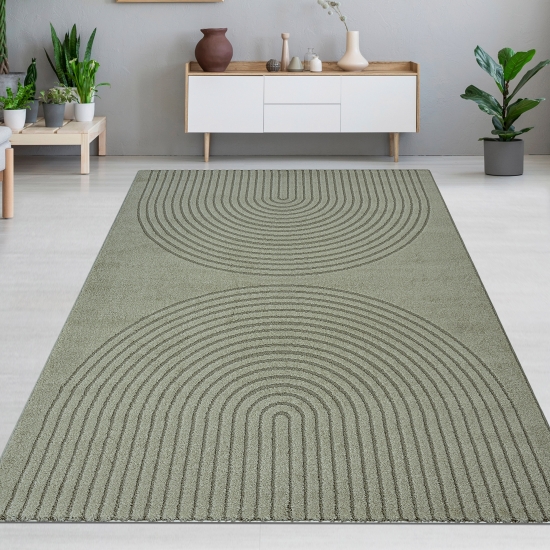 Designteppich Grün mit 3D-Kreismuster modern und elegant