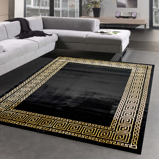 Teppich Wohnzimmer mit Bordüre im Mäander Muster schwarz gold