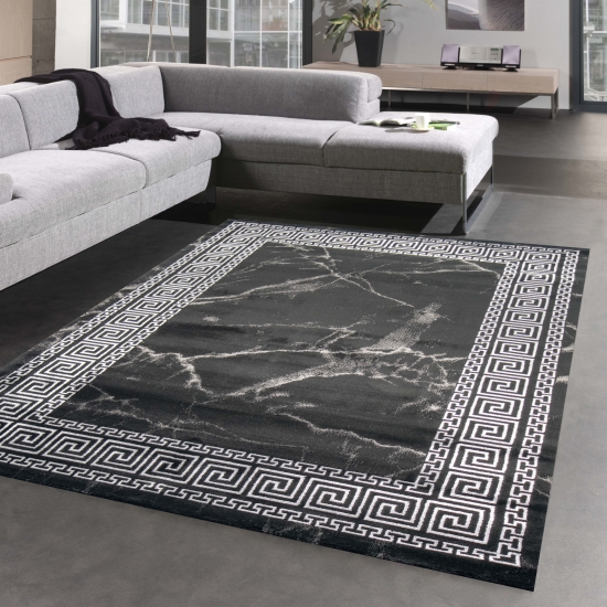 Teppich Wohnzimmer Marmor Optik mit Mäander Muster schwarz silber