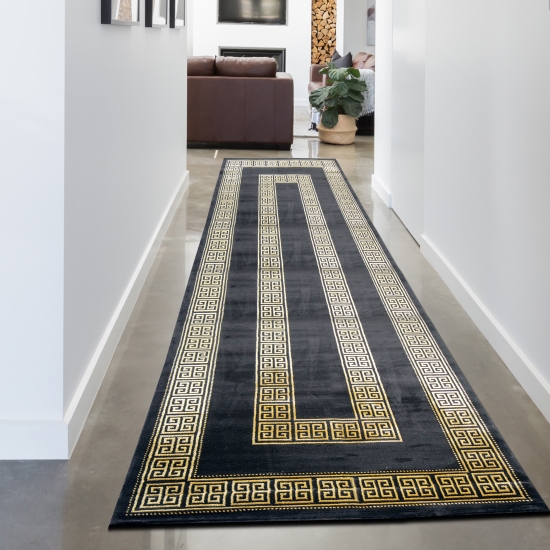 Teppich Wohnzimmer mit Bordüre Mäander Muster schwarz gold