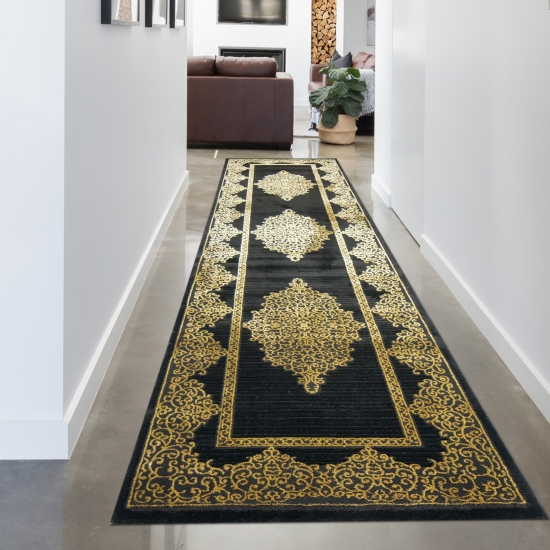 Teppich Wohnzimmer Kurzflor Teppich Ornamente schwarz gold