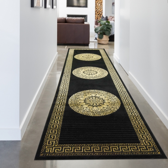 Teppich Wohnzimmer mit Bordüre Mäander Muster schwarz gold
