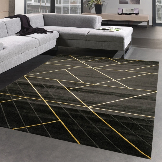 Teppich Wohnzimmer moderner Teppich geometrisches Muster schwarz gold