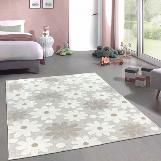 Süßer Kinderzimmerteppich mit 3D-Effekt im Blumenmuster in creme beige