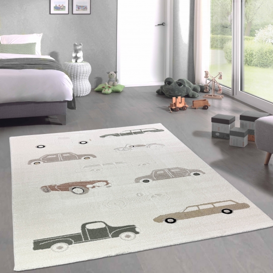 Kinderteppich mit Höheneffekt und verschiedenen Autos in creme beige