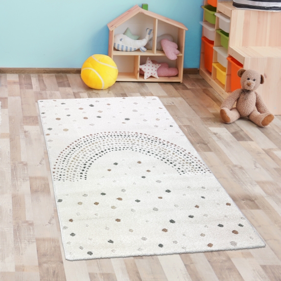 Preview: Bezaubernder Kinderteppich 3D-Effekt Regenbogen Punktemuster in creme bunt
