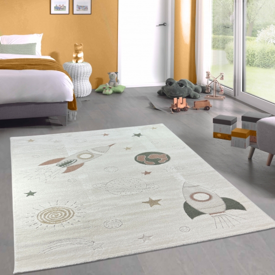 Abenteuerlicher Kinderteppich Raumschiffen Planeten Sterne in creme grau beige