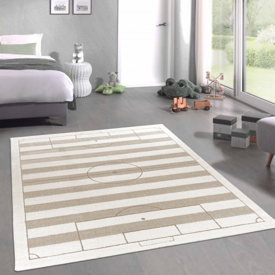 Spielerischer Kinderteppich weich robust gestreiftes Fussballfeld in creme beige