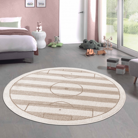 Preview: Spielerischer Kinderteppich weich robust gestreiftes Fussballfeld in creme beige