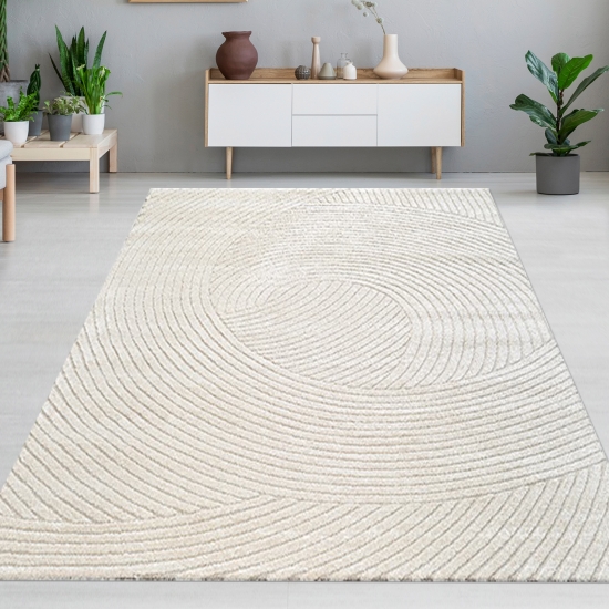 Moderner Teppich Weich, Pflegeleicht & Stilvoll mit Hoch-Tief-Wellenmuster in creme
