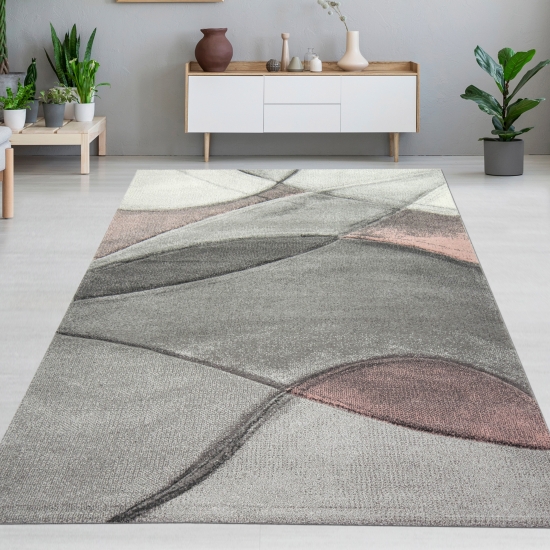 Teppich modern Teppich Wohnzimmer Wellen rosa grau pastell