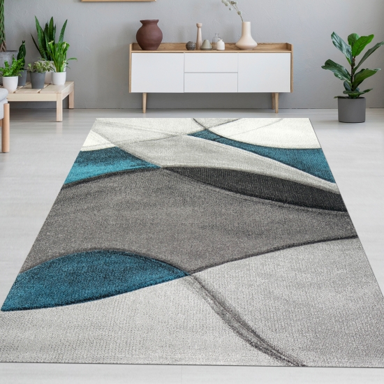 Teppich modern Teppich Wohnzimmer Wellen blau türkis grau