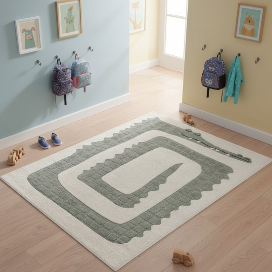 Preview: Design Kinderteppich Krokodil minimalistisch Creme Grün 3D Struktur