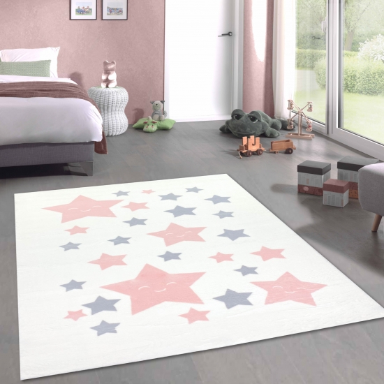 Teppich flauschig Kinderzimmer Sterne pflegeleicht in weiß
