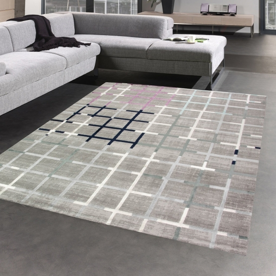 Designer und Moderner Teppich Wohnzimmer in Grau Lila Blau Türkis