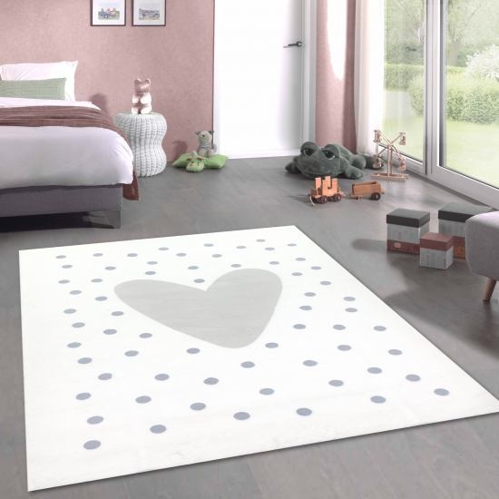 Kinderzimmer-Teppich mit Herz-Pünktchen creme grau