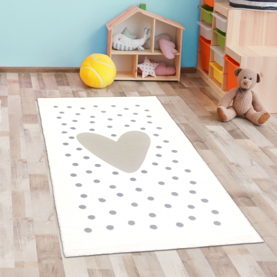 Kinderzimmer-Teppich mit Herz-Pünktchen creme grau