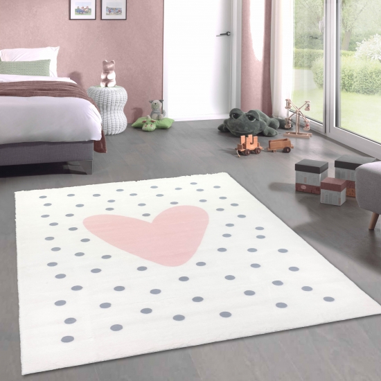 Kinderzimmer-Teppich weich Herz-Pünktchen in creme, rosa grau